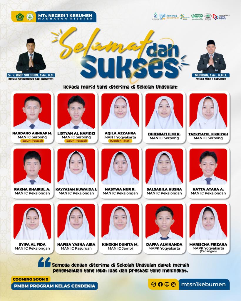 Prestasi Gemilang: 15 Siswa MTsN 1 Kebumen Tembus Madrasah Unggulan Nasional (MAN IC & MAPK)